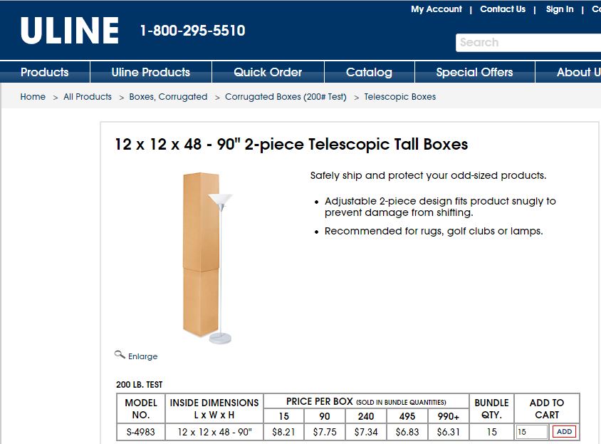 Uline packaging for fluorescent lamps