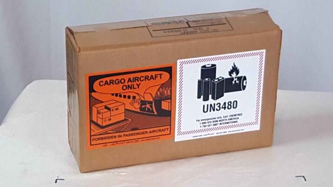 Package displaying Lithium Battery Mark (UN3480) and CAO